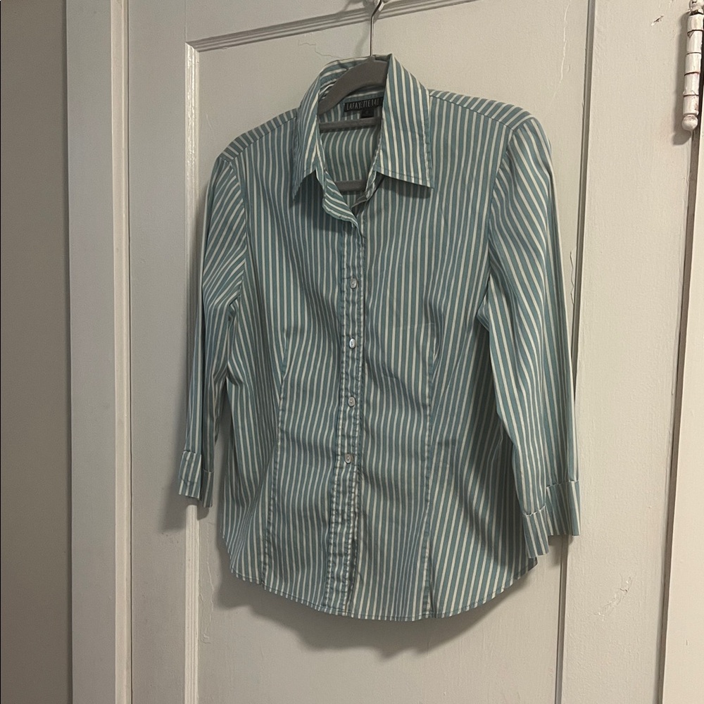 Lafayette 148 Robin’s Egg Blue Striped Button Down Shirt